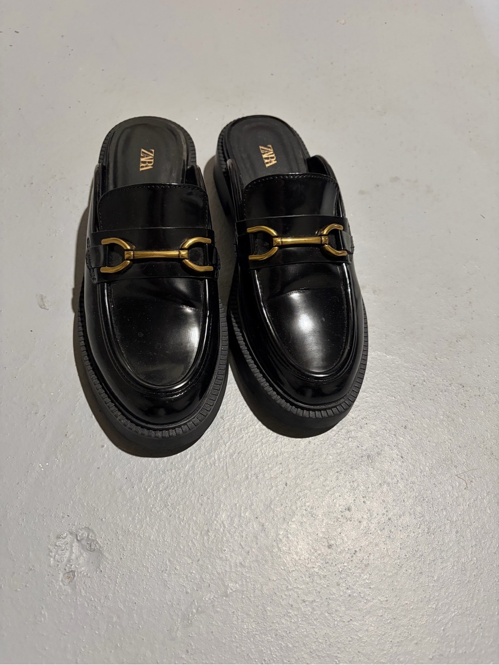 ZARA Black Leather Slip-On Loafer Mules with Gold Horsebit